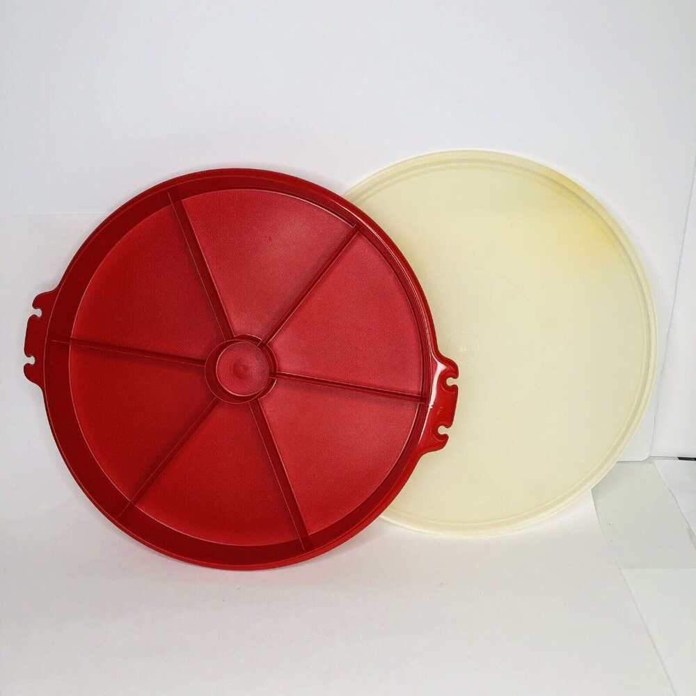 Vtg Tupperware Red Round Divided Relish Container Pizza Slices Storage Lid 12"